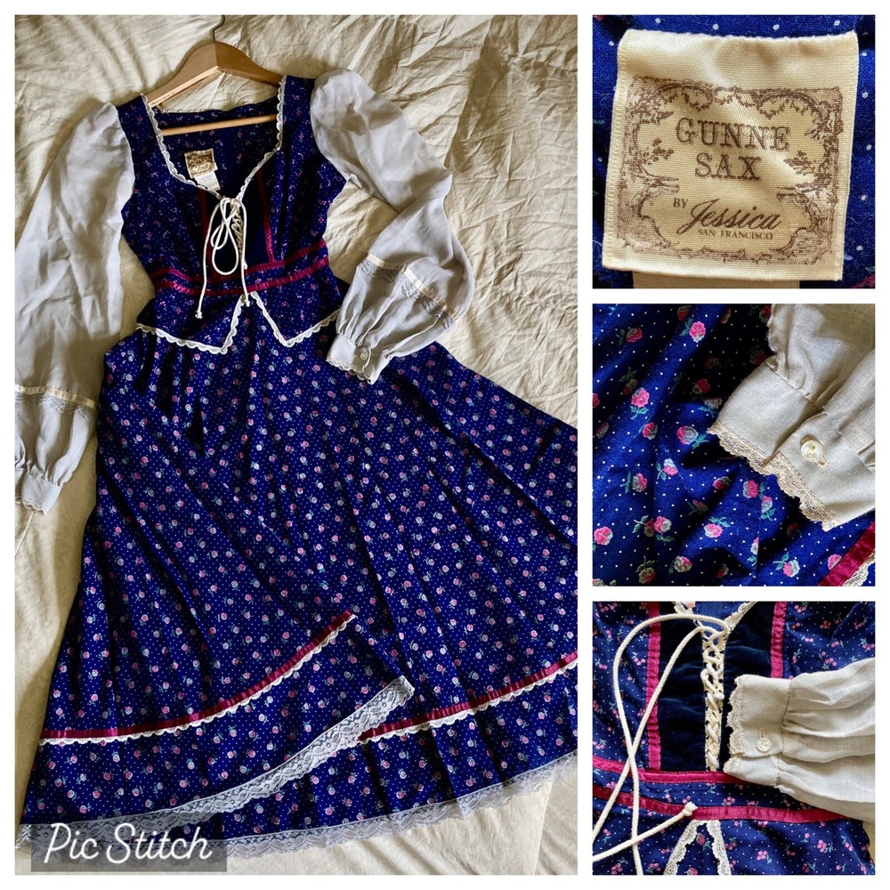 VTG 70s GunneSax Prairie Sun Dress PoetSleeve Navy/Pink Floral Corset Top Size7